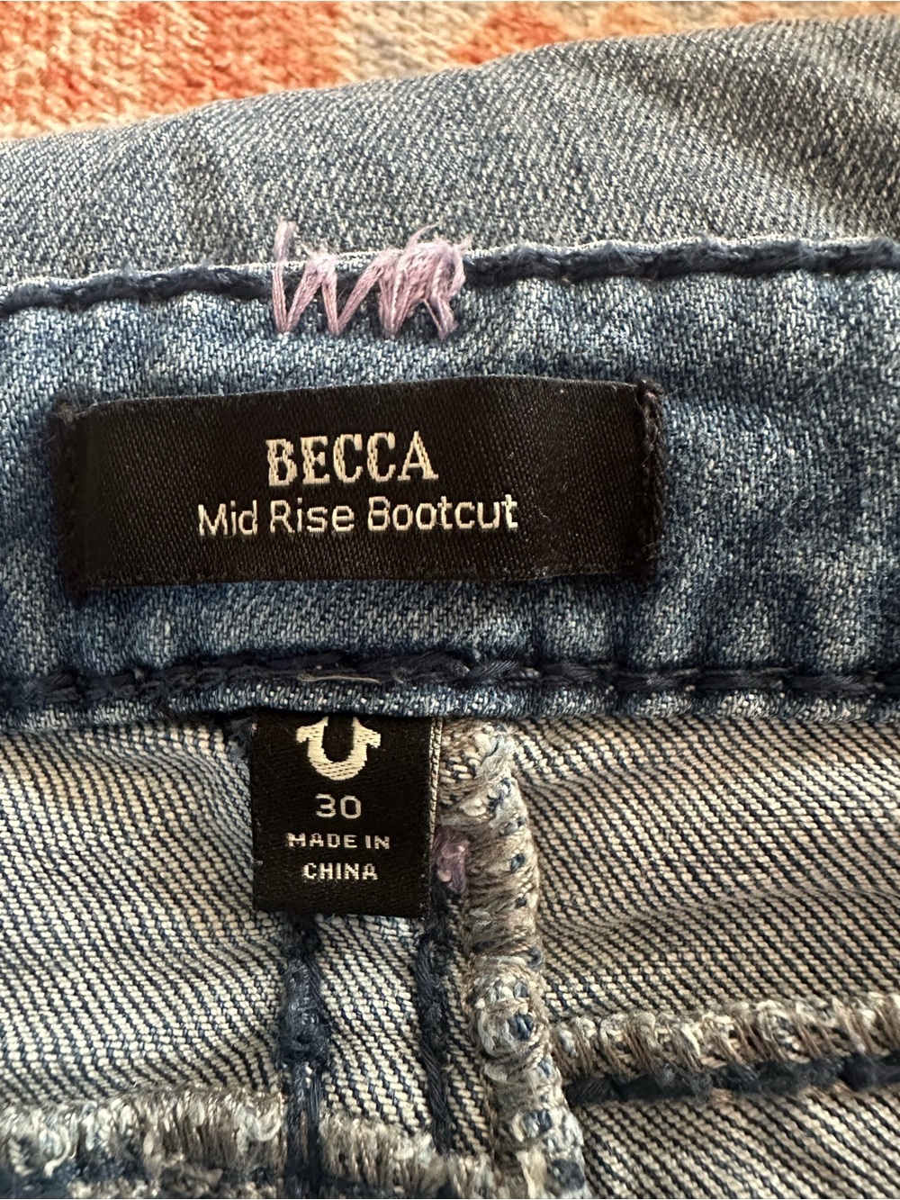 True Religion Becca Super T Stitch Water Dock Bootcut Jeans purple stitch sz 30 - Picture 3 of 11